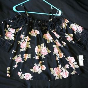 iZbyer Off Shoulder Black And Rose Crochet Top(L)